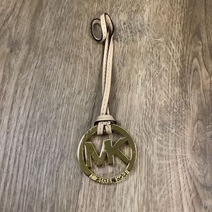 Michael Kors Large Hang Tag Key Fob Charm - Gold Tone Beige Leather Strap